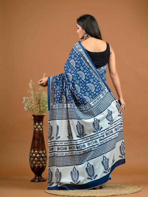 Blue Abstract Bagru Printed Pure Cotton Saree - SHKM1050