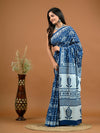 Blue Abstract Bagru Printed Pure Cotton Saree - SHKM1050