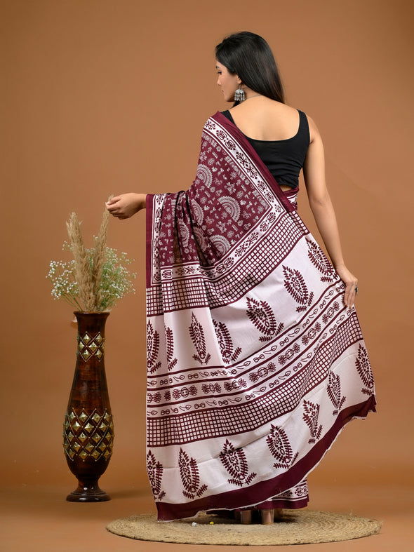 Sangria Abstract Bagru Printed Pure Cotton Saree - SHKM1051