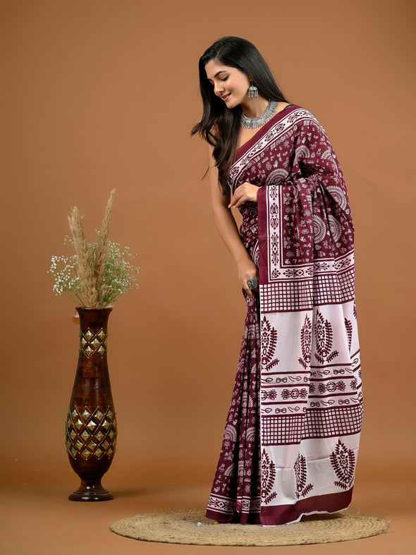 Sangria Abstract Bagru Printed Pure Cotton Saree - SHKM1051