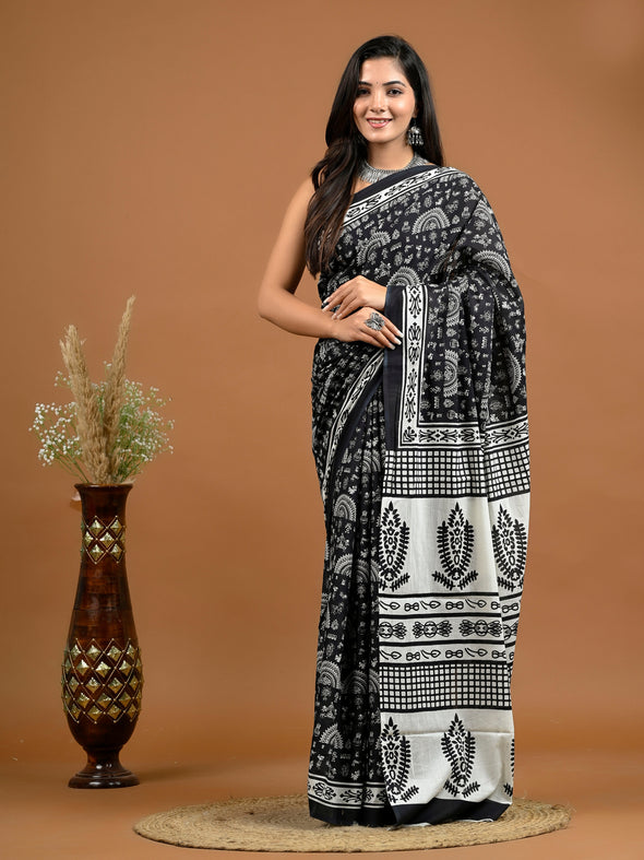 Black Abstract Bagru Printed Pure Cotton Saree - SHKM1053