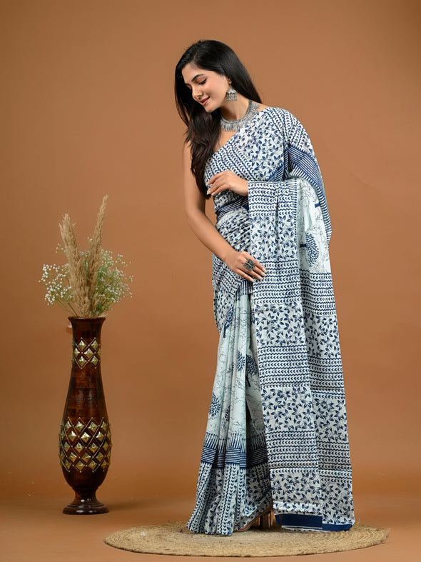 Blue Abstract Bagru Printed Pure Cotton Saree - SHKM1056