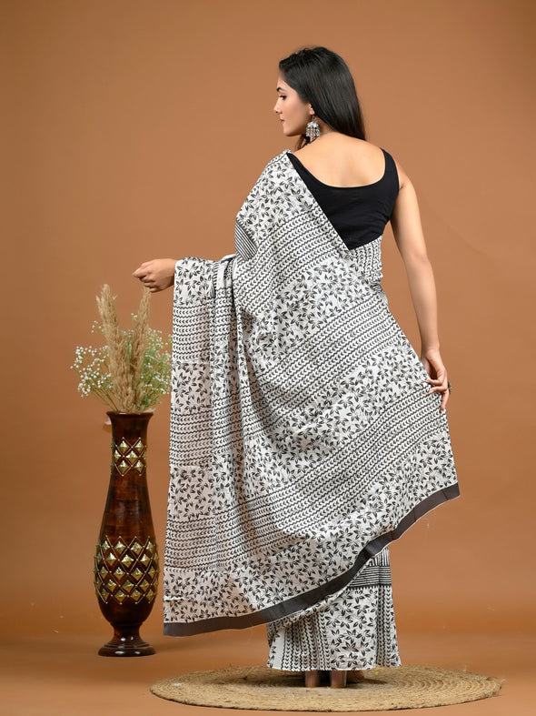 Grey Floral Bagru Printed Pure Cotton Saree - SHKM1058