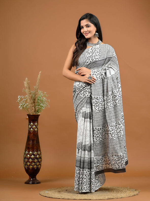 Grey Floral Bagru Printed Pure Cotton Saree - SHKM1058