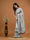 Grey Floral Bagru Printed Pure Cotton Saree - SHKM1058