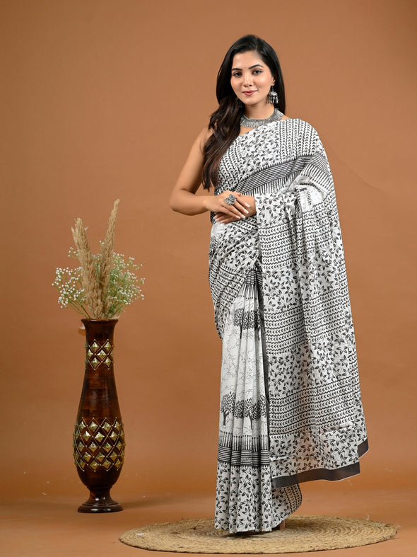 Grey Floral Bagru Printed Pure Cotton Saree - SHKM1058