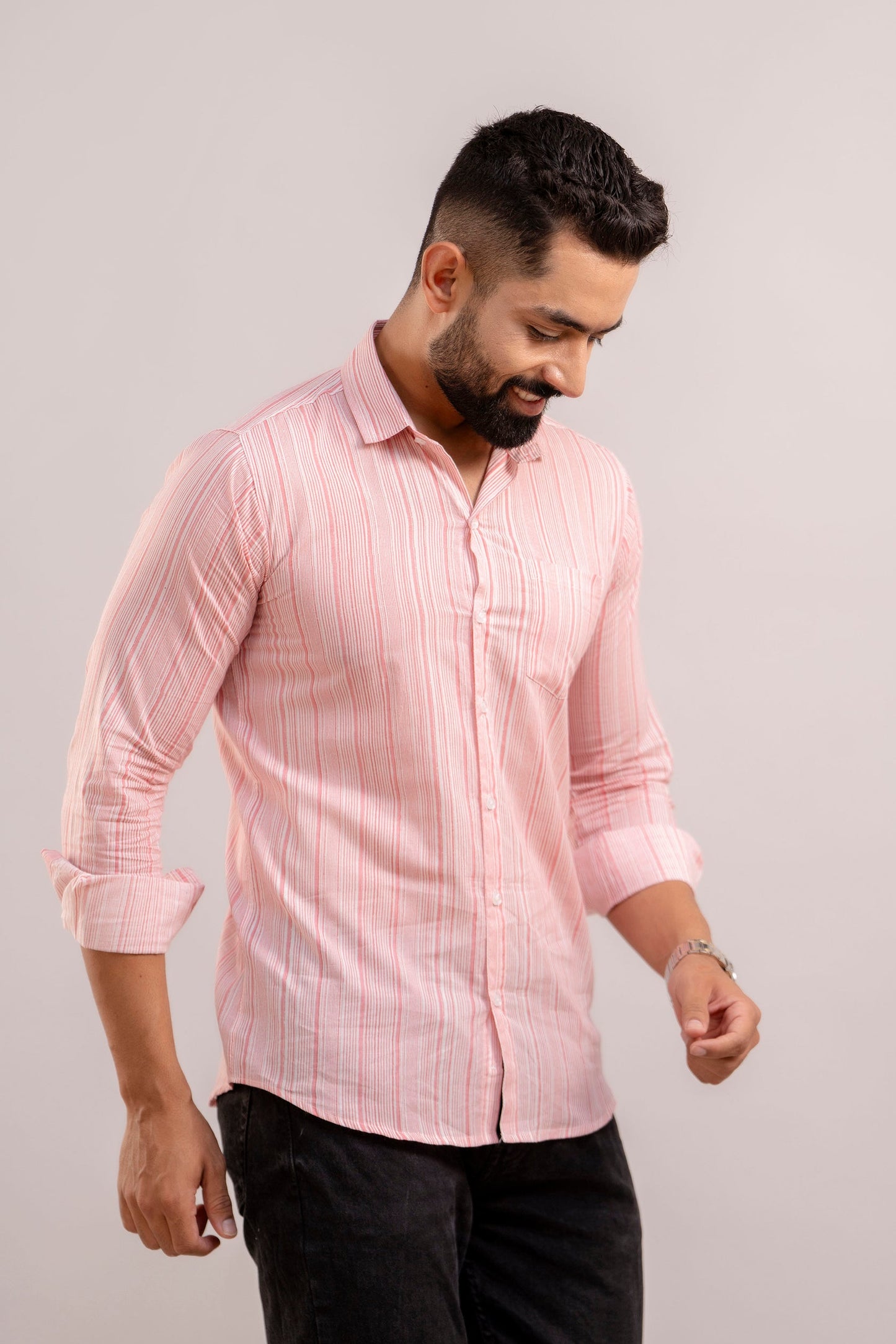 Men Pink Striped Printed Full Sleeves Casual Cotton Shirt-FrionKandy