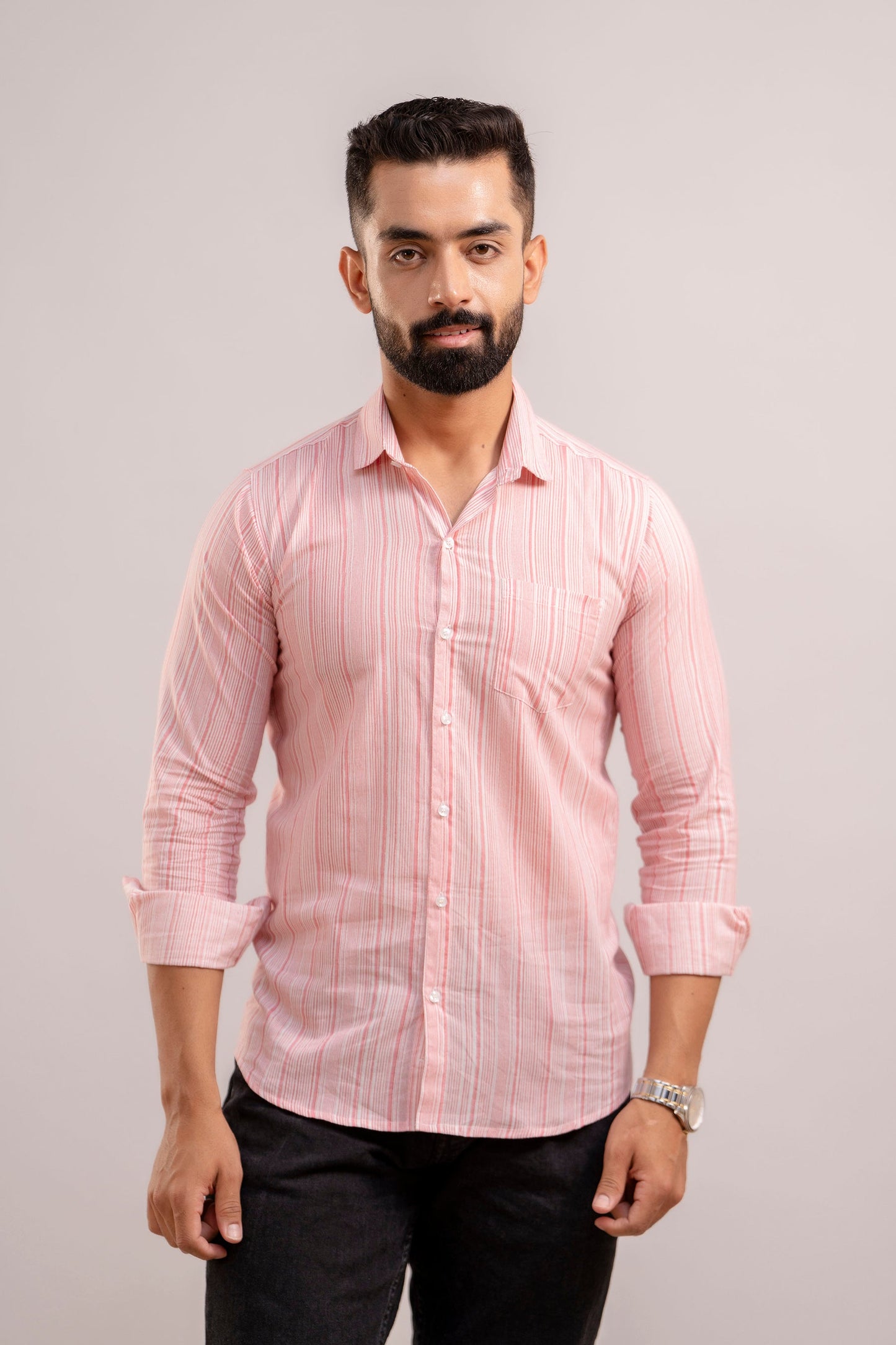 Men Pink Striped Printed Full Sleeves Casual Cotton Shirt-FrionKandy