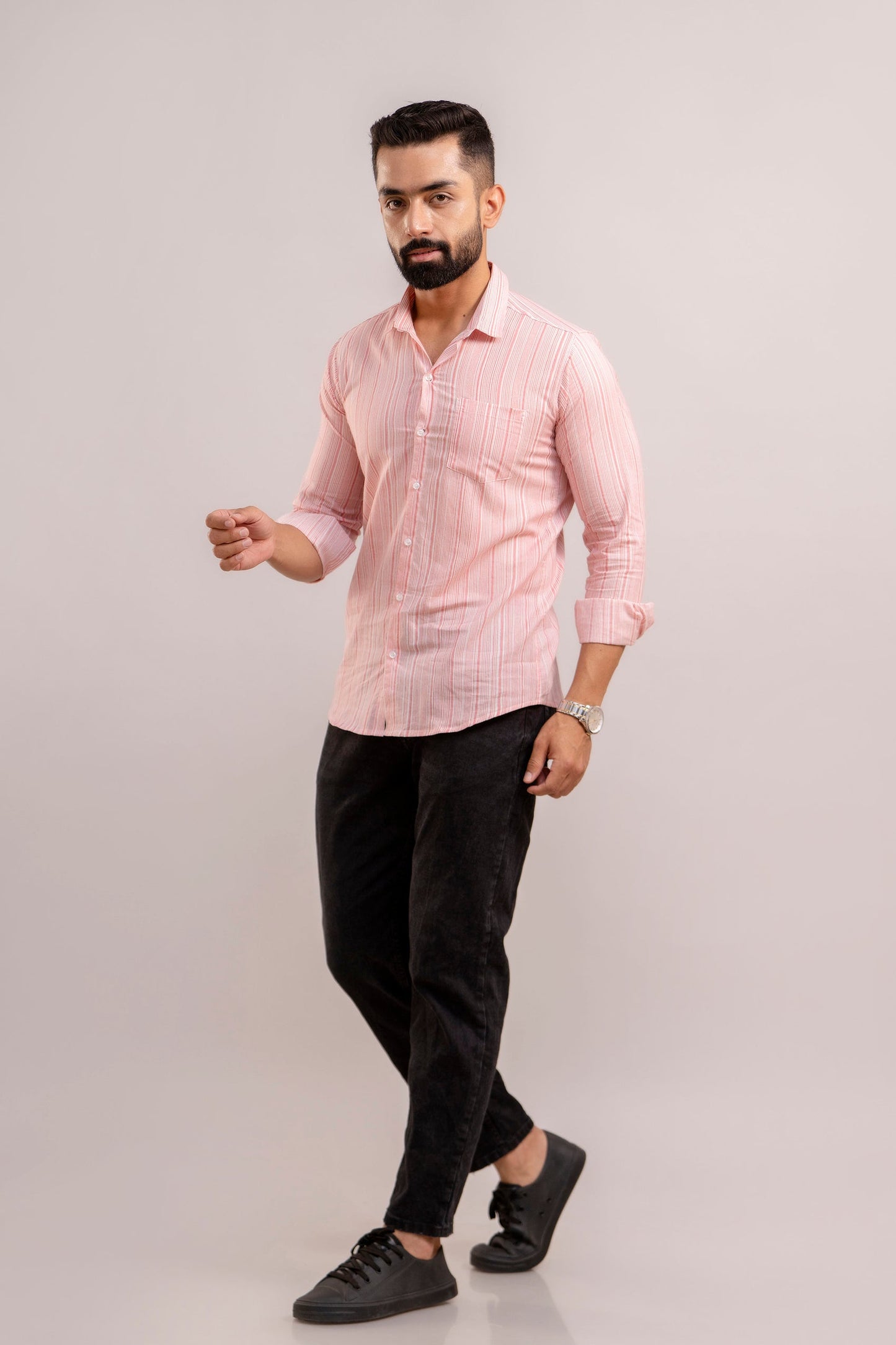 Men Pink Striped Printed Full Sleeves Casual Cotton Shirt-FrionKandy