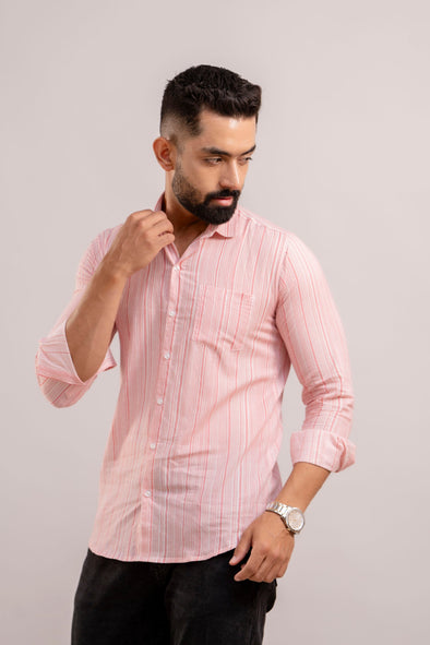 Men Pink Striped Printed Full Sleeves Casual Cotton Shirt-FrionKandy