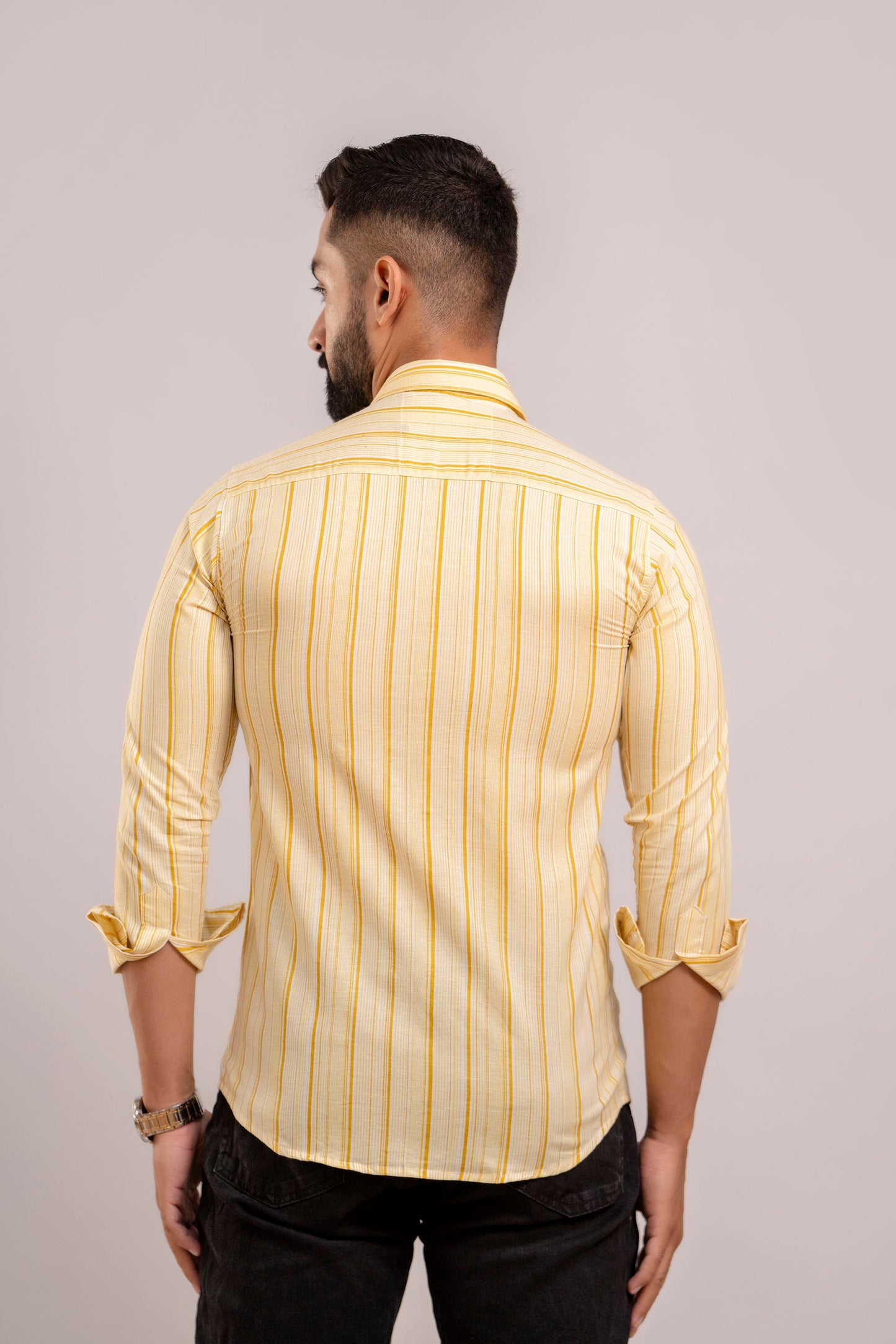 Men Yellow Striped Printed Full Sleeves Casual Cotton Shirt-FrionKandy