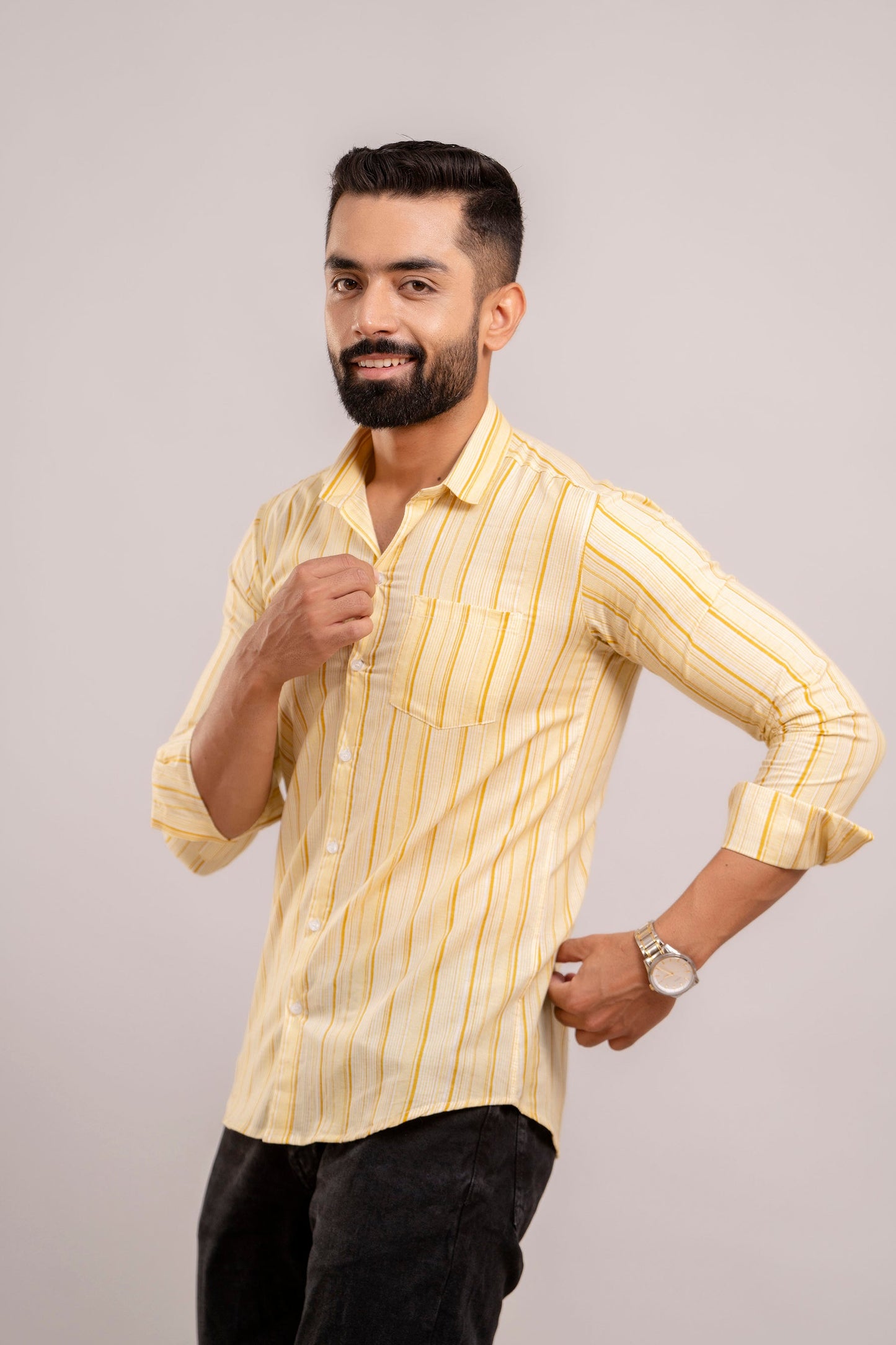 Men Yellow Striped Printed Full Sleeves Casual Cotton Shirt-FrionKandy