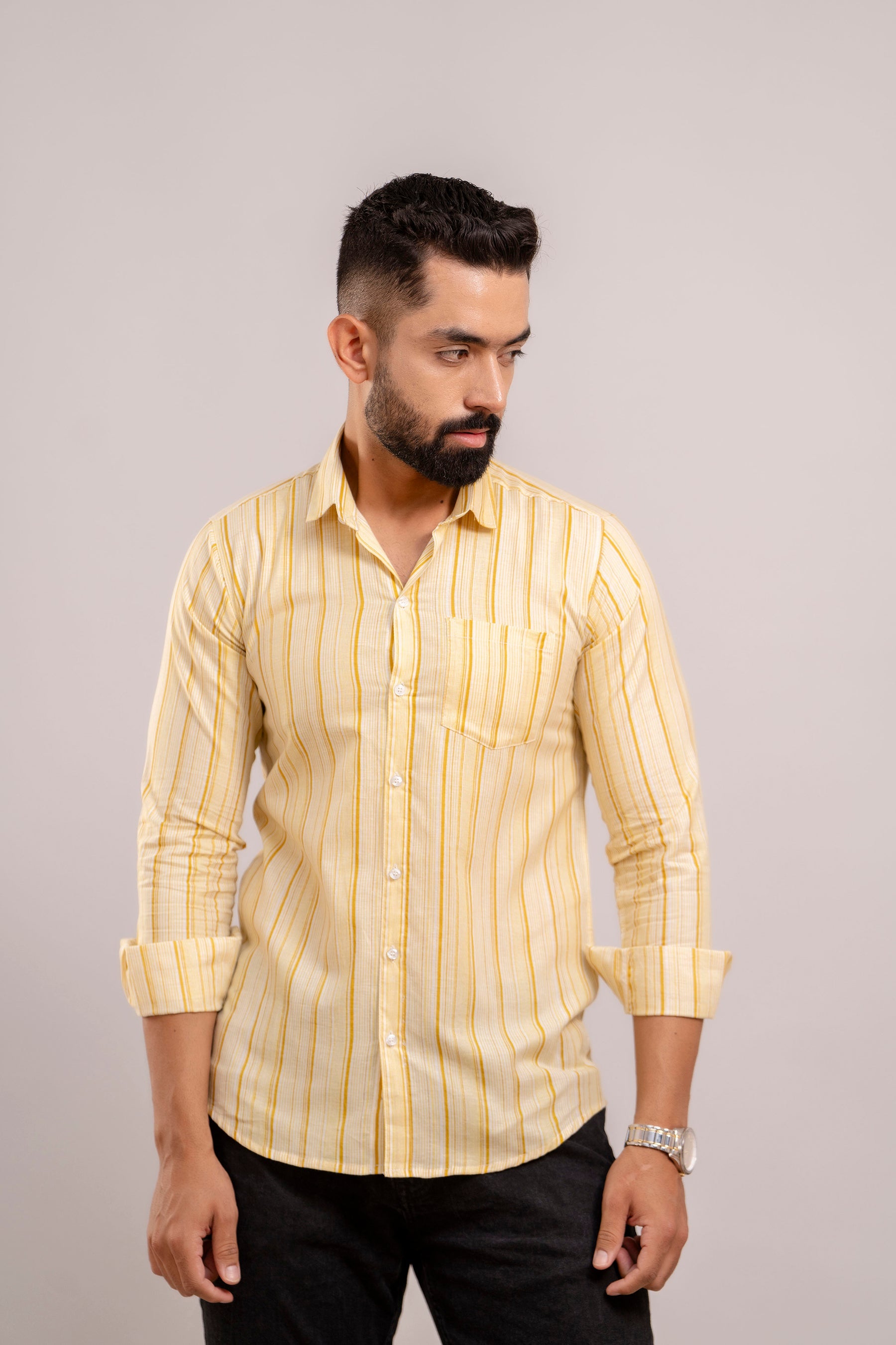 Men Yellow Striped Printed Full Sleeves Casual Cotton Shirt-FrionKandy