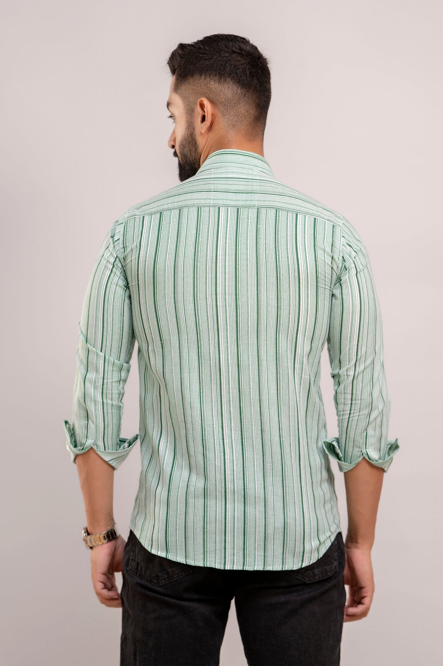 Men Green Striped Printed Full Sleeves Casual Cotton Shirt-FrionKandy