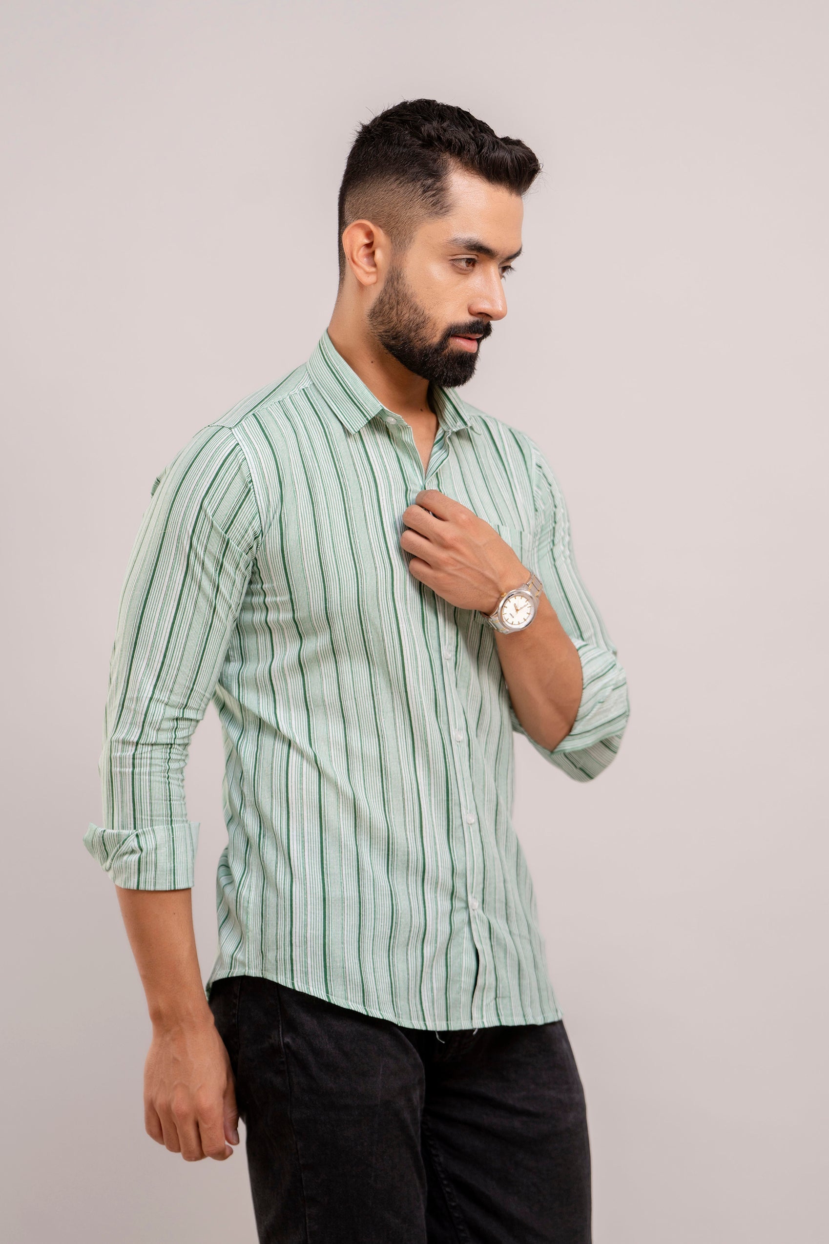 Men Green Striped Printed Full Sleeves Casual Cotton Shirt-FrionKandy