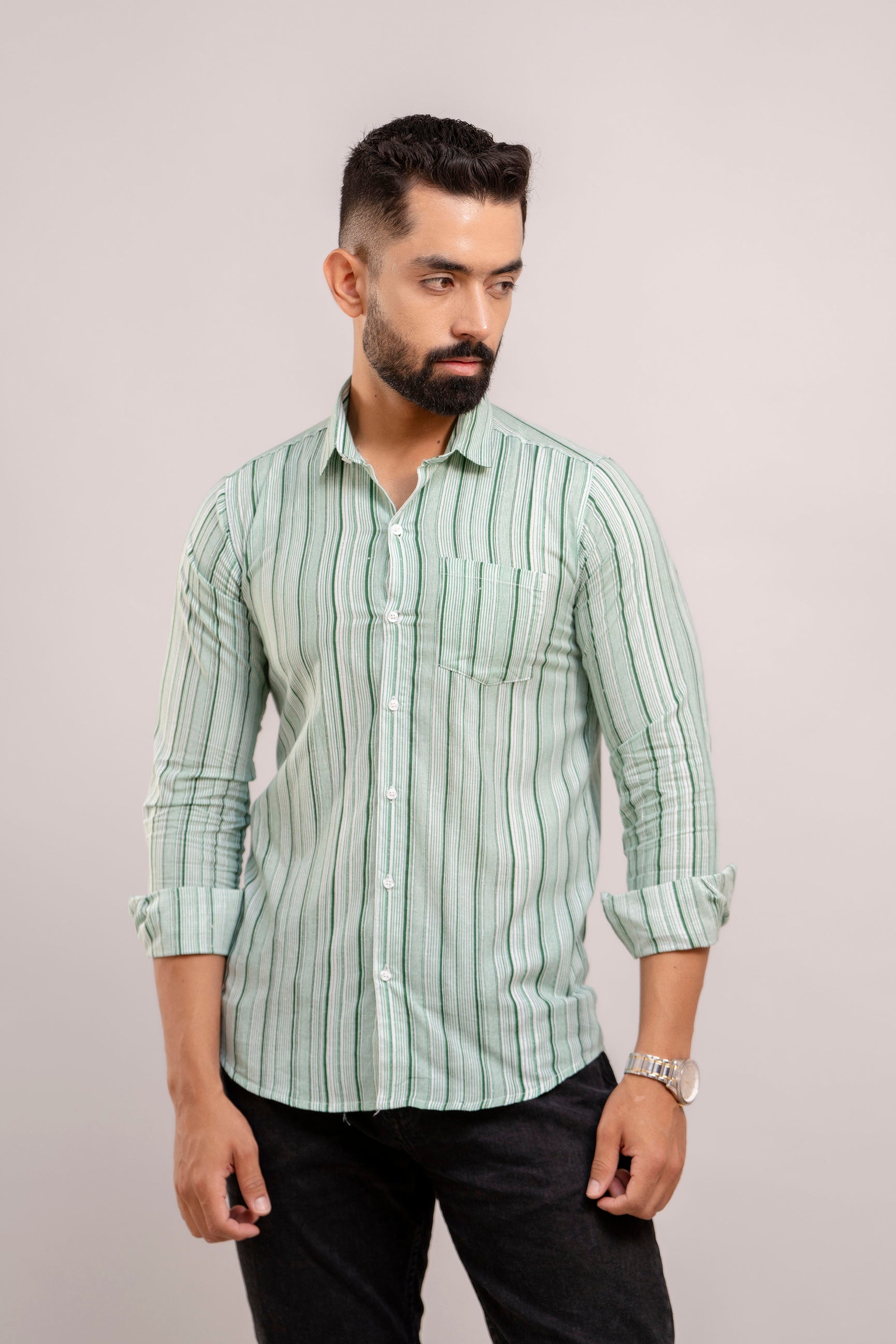 Men Green Striped Printed Full Sleeves Casual Cotton Shirt-FrionKandy