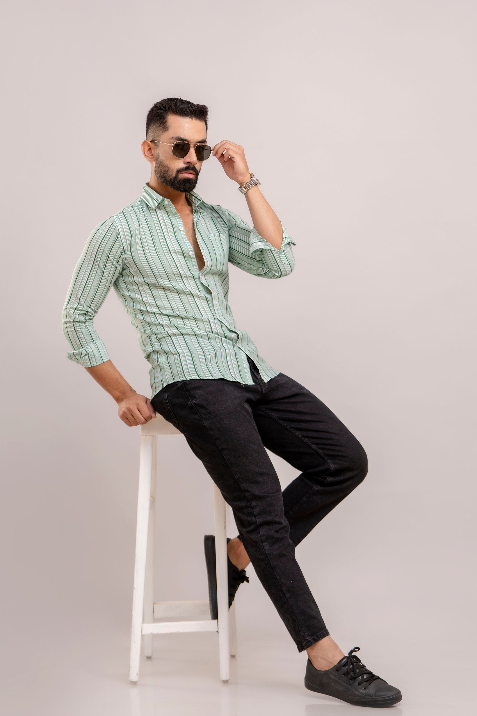 Men Green Striped Printed Full Sleeves Casual Cotton Shirt-FrionKandy