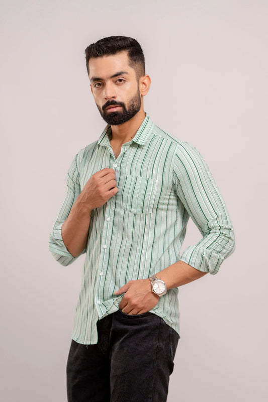 Men Green Striped Printed Full Sleeves Casual Cotton Shirt-FrionKandy