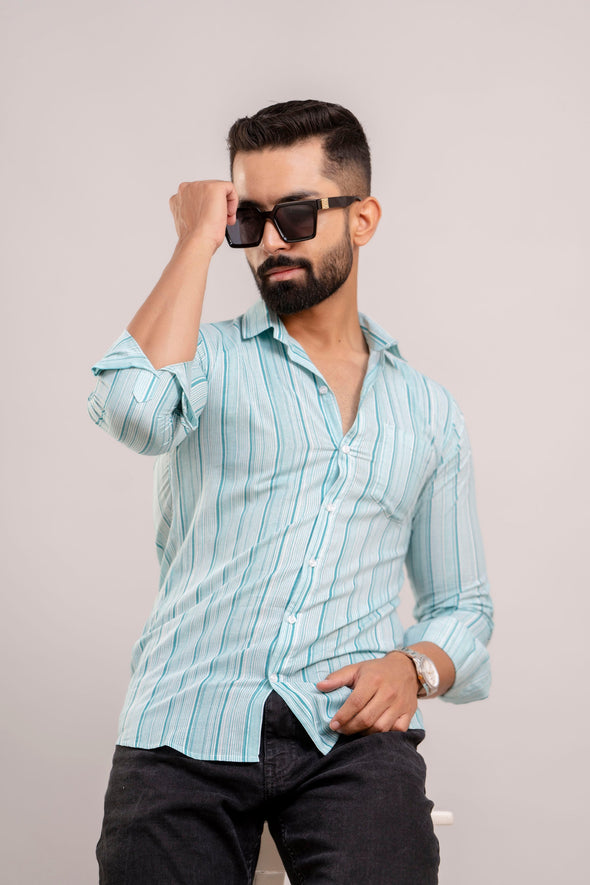 Men Light Blue Striped Printed Full Sleeves Casual Cotton Shirt-FrionKandy