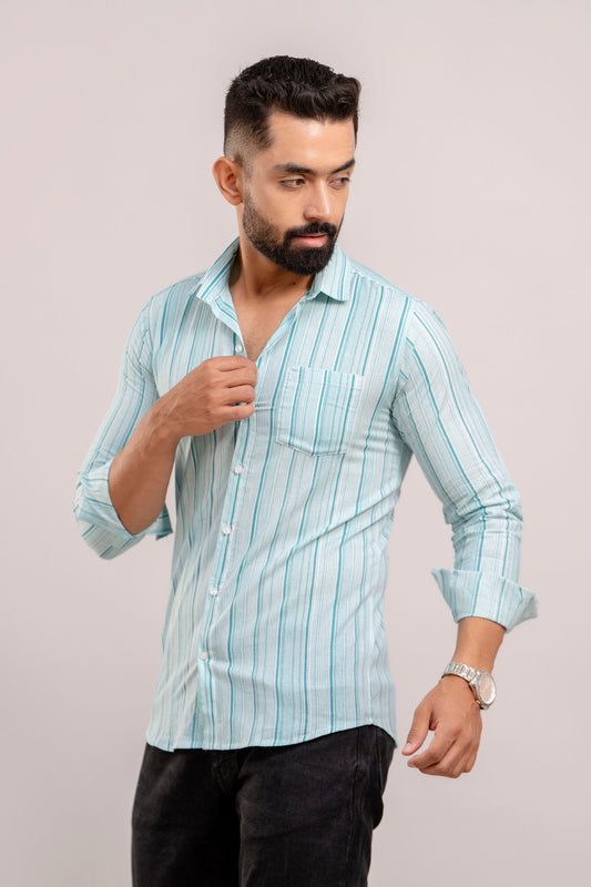 Men Light Blue Striped Printed Full Sleeves Casual Cotton Shirt-FrionKandy