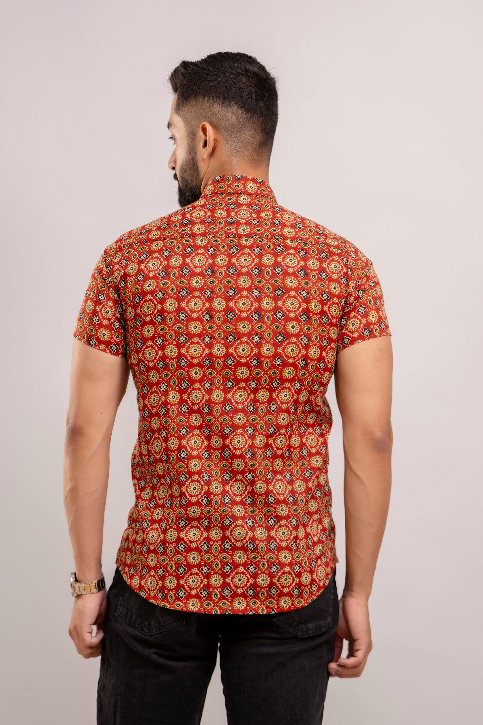 Men Red Ethnic Printed Short Sleeves Casual Cotton Shirt-FrionKandy