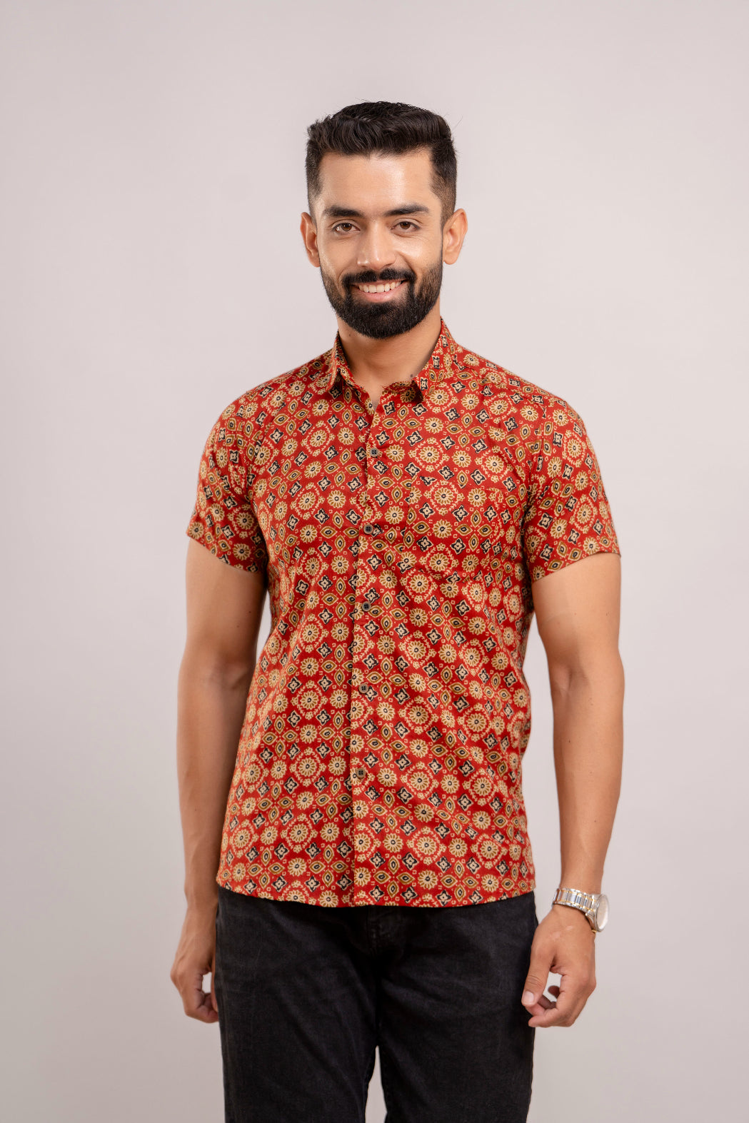 Men Red Ethnic Printed Short Sleeves Casual Cotton Shirt-FrionKandy