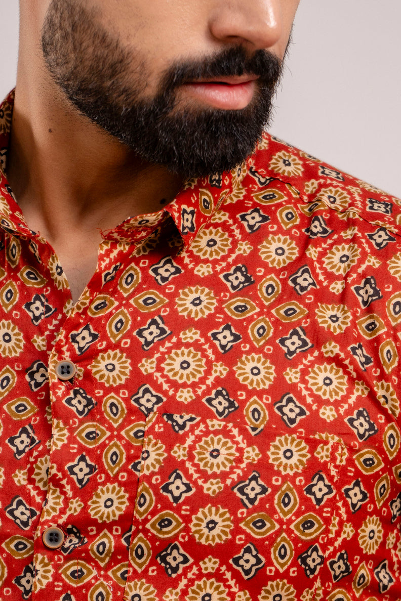 Men Red Ethnic Printed Short Sleeves Casual Cotton Shirt-FrionKandy