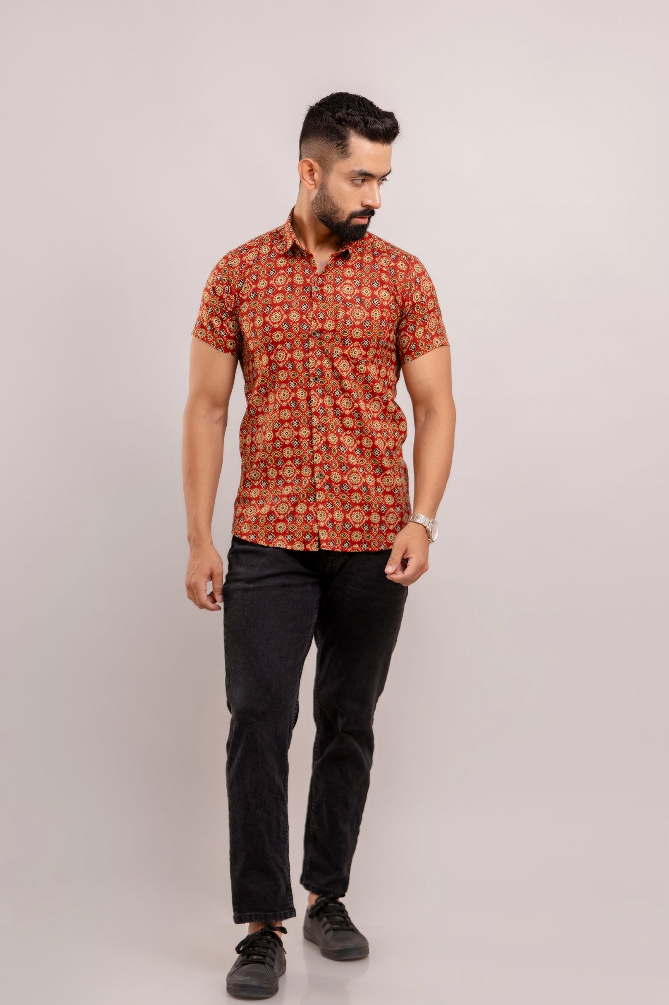 Men Red Ethnic Printed Short Sleeves Casual Cotton Shirt-FrionKandy