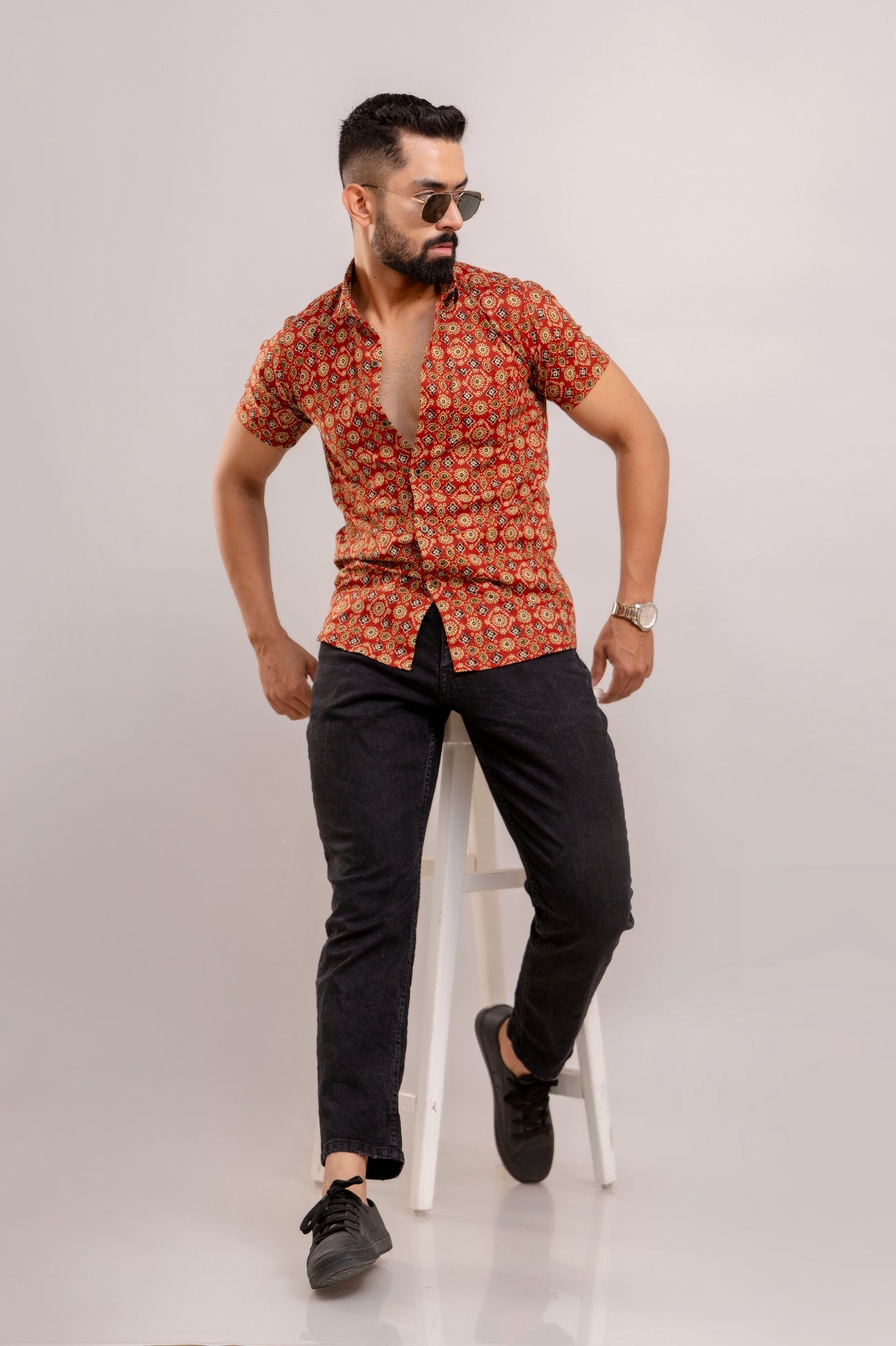 Men Red Ethnic Printed Short Sleeves Casual Cotton Shirt-FrionKandy