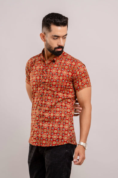 Men Red Ethnic Printed Short Sleeves Casual Cotton Shirt-FrionKandy