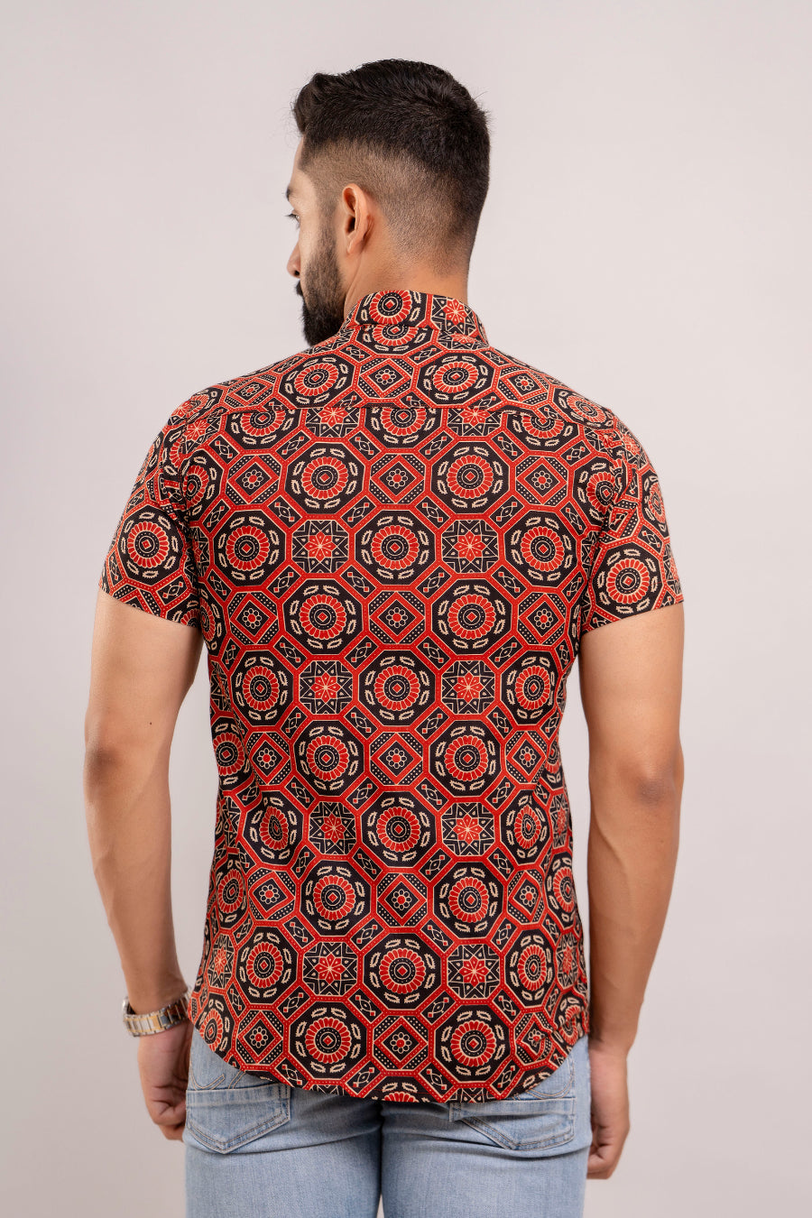 Men Black & Maroon Ethnic Printed Short Sleeves Casual Cotton Shirt-FrionKandy