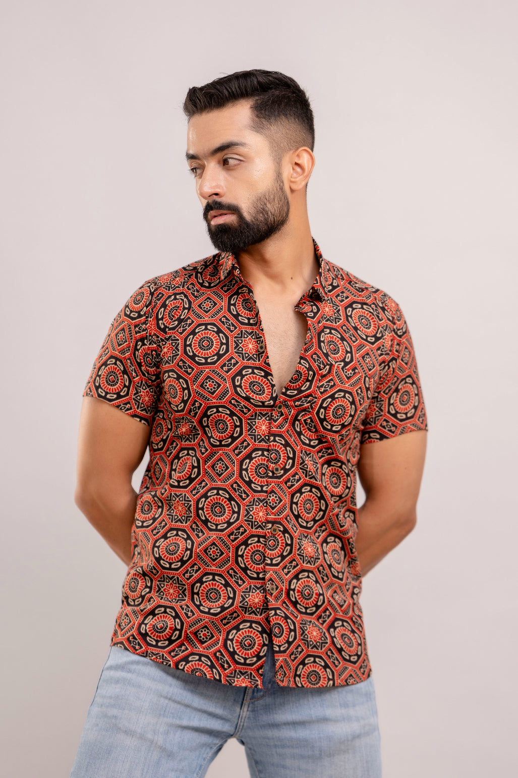 Men Black & Maroon Ethnic Printed Short Sleeves Casual Cotton Shirt-FrionKandy