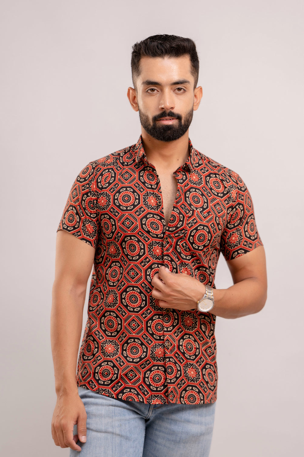 Men Black & Maroon Ethnic Printed Short Sleeves Casual Cotton Shirt-FrionKandy