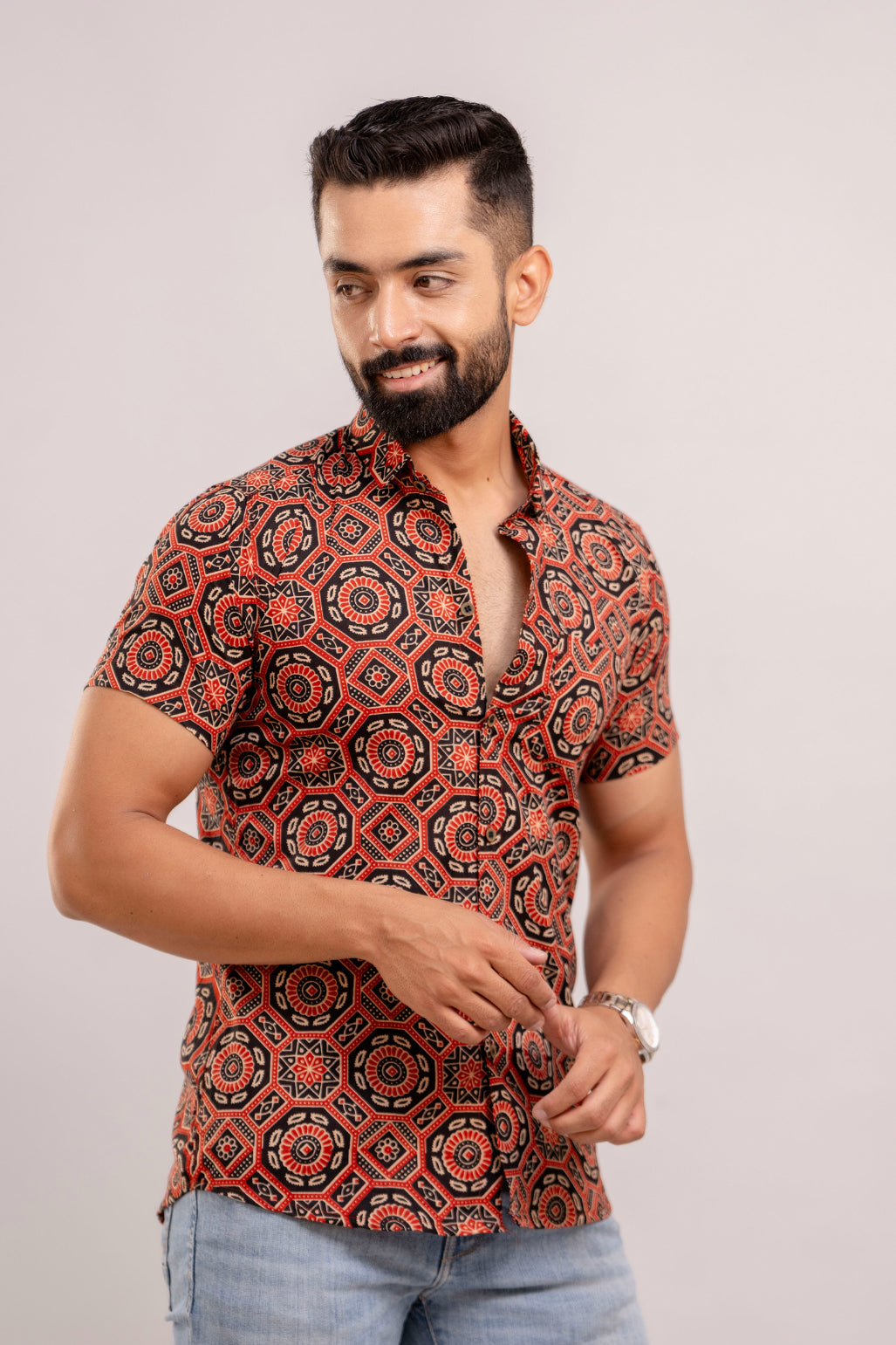 Men Black & Maroon Ethnic Printed Short Sleeves Casual Cotton Shirt-FrionKandy