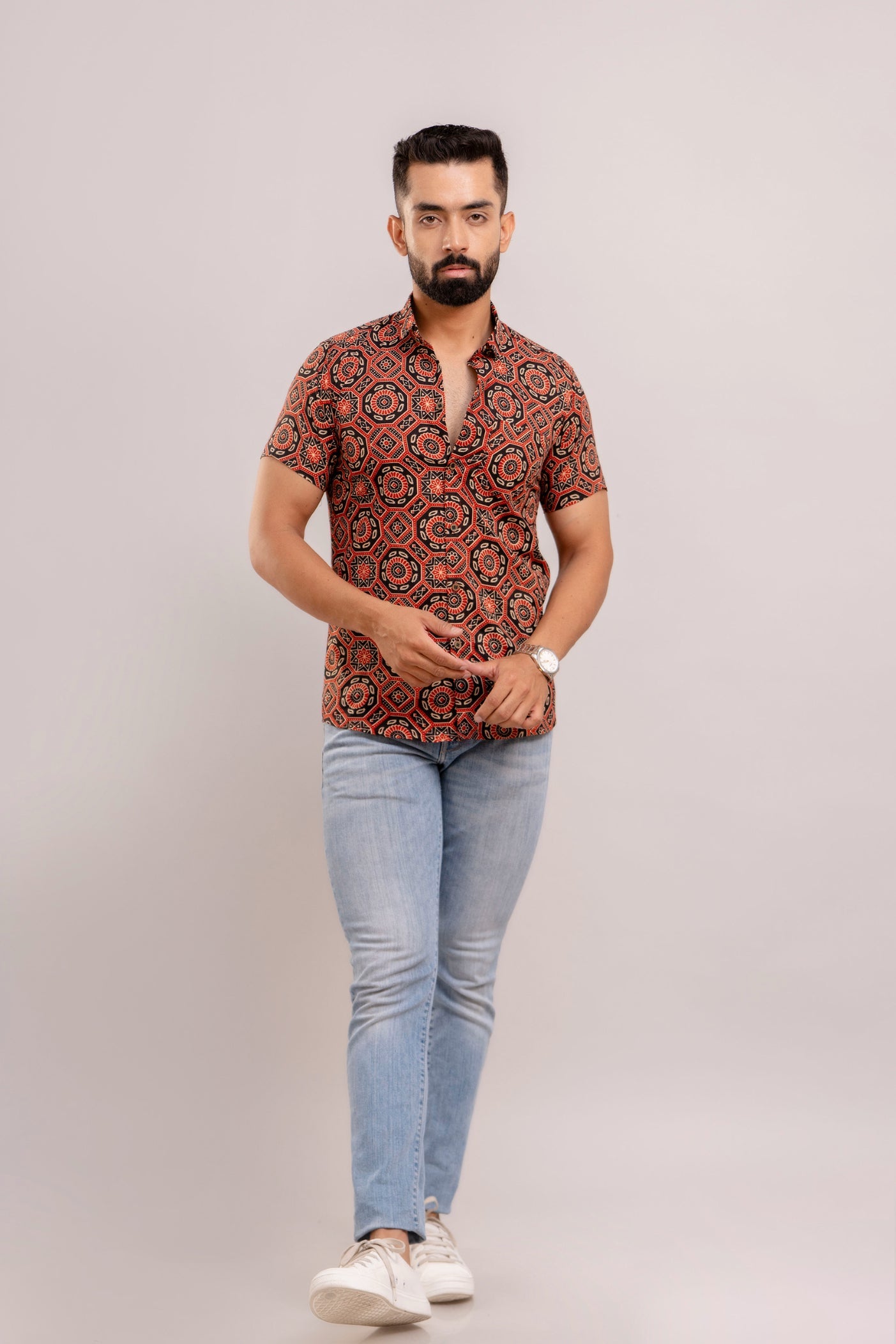 Men Black & Maroon Ethnic Printed Short Sleeves Casual Cotton Shirt-FrionKandy