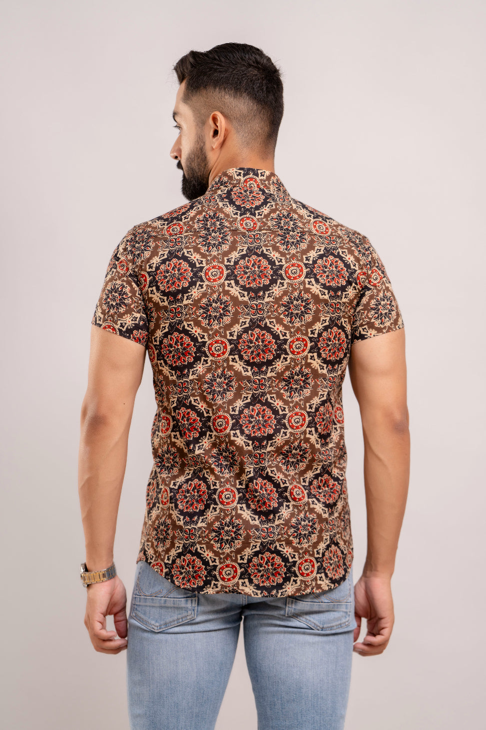 Men Brown Ethnic Printed Short Sleeves Casual Cotton Shirt-FrionKandy