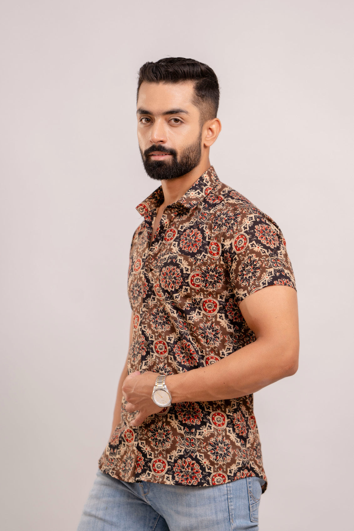 Men Brown Ethnic Printed Short Sleeves Casual Cotton Shirt-FrionKandy