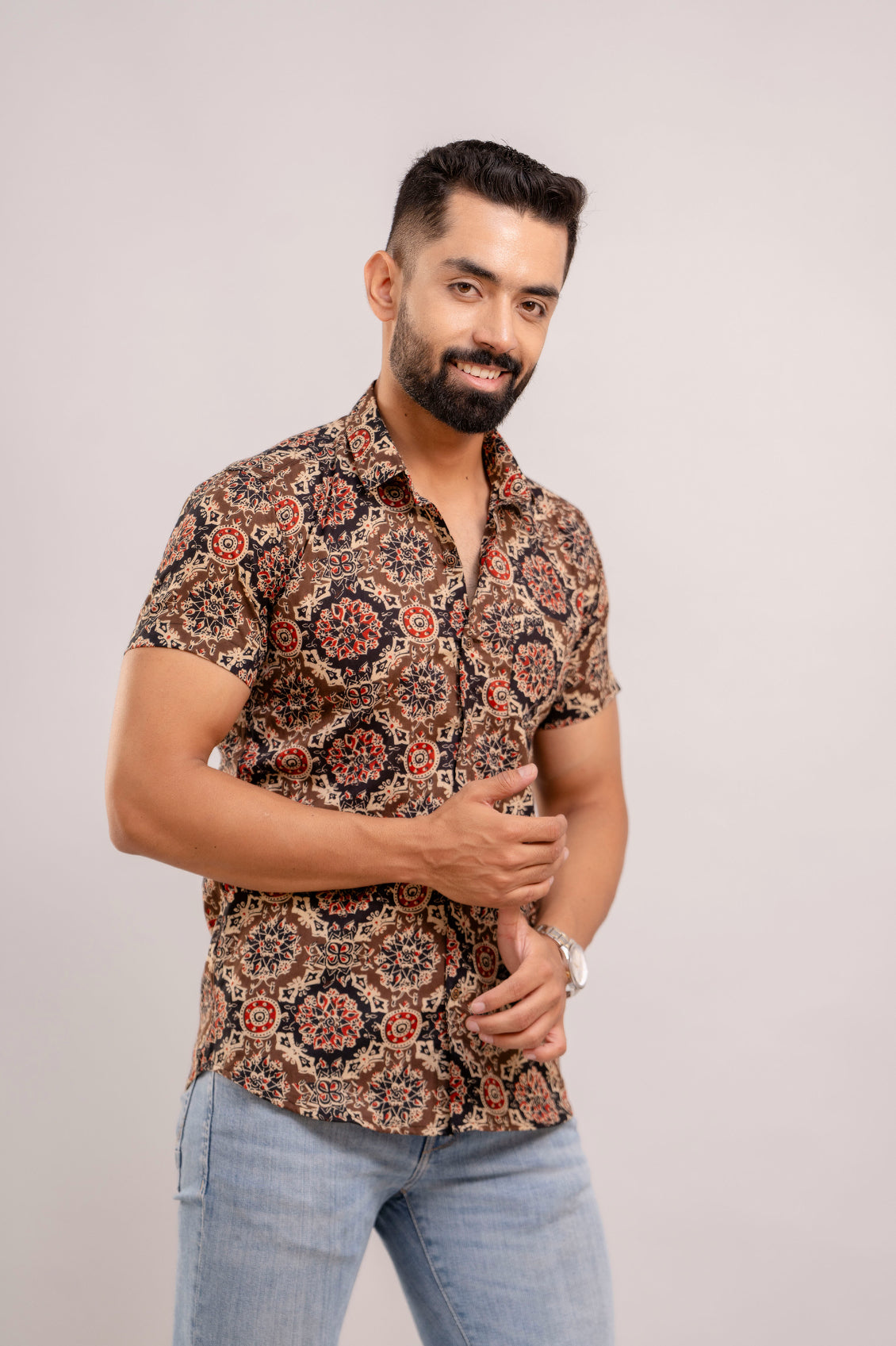 Men Brown Ethnic Printed Short Sleeves Casual Cotton Shirt-FrionKandy