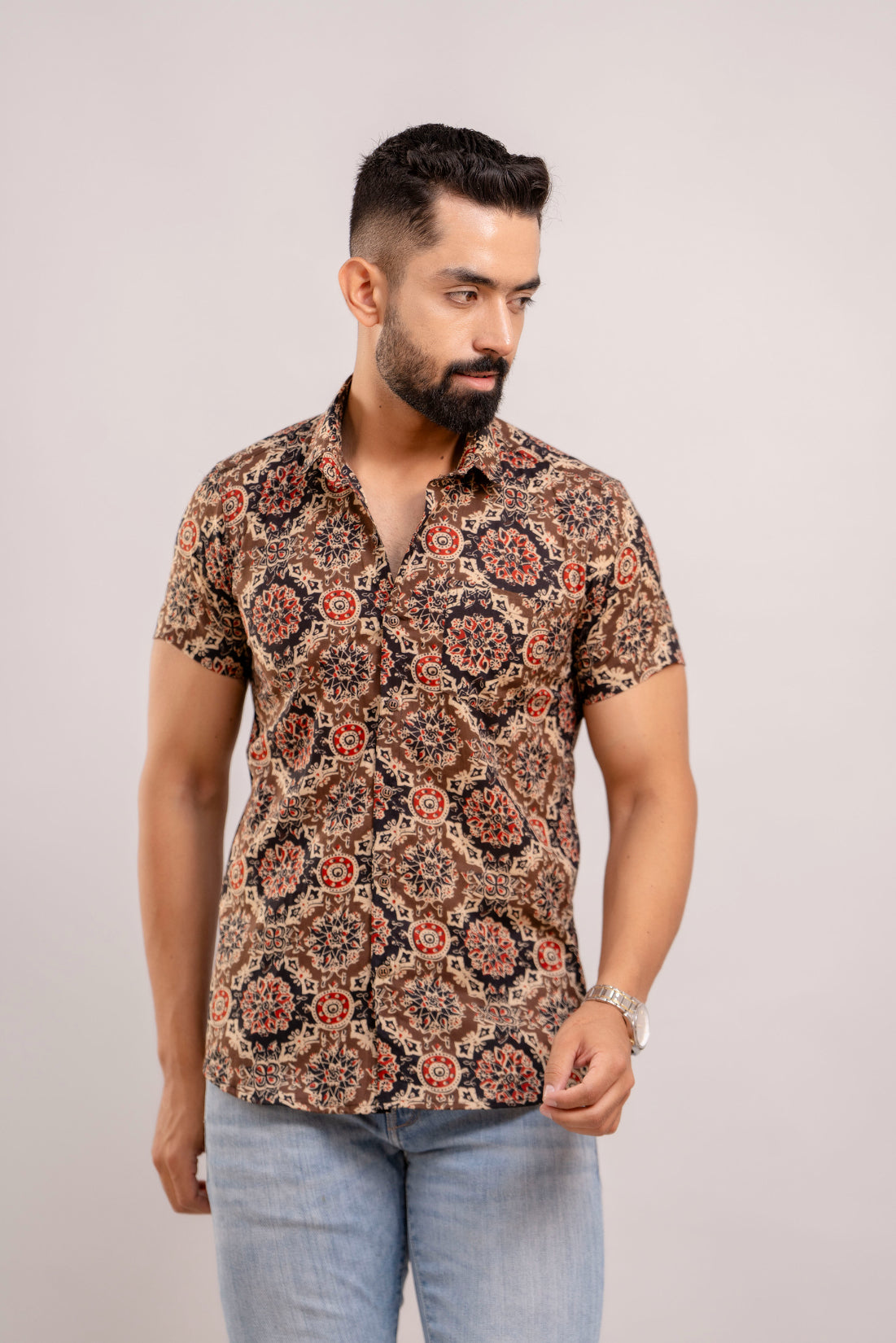 Men Brown Ethnic Printed Short Sleeves Casual Cotton Shirt-FrionKandy