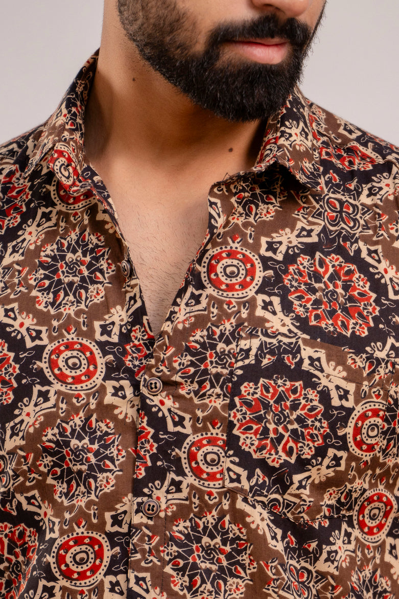 Men Brown Ethnic Printed Short Sleeves Casual Cotton Shirt-FrionKandy