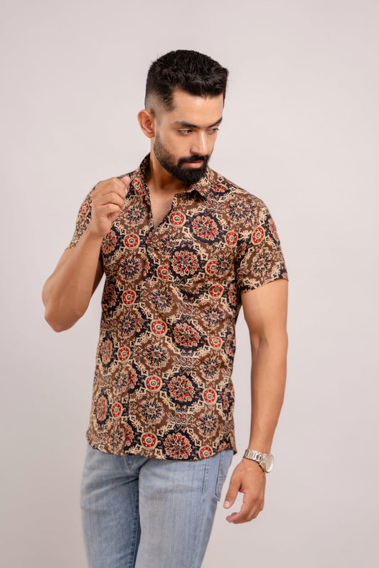 Men Brown Ethnic Printed Short Sleeves Casual Cotton Shirt-FrionKandy