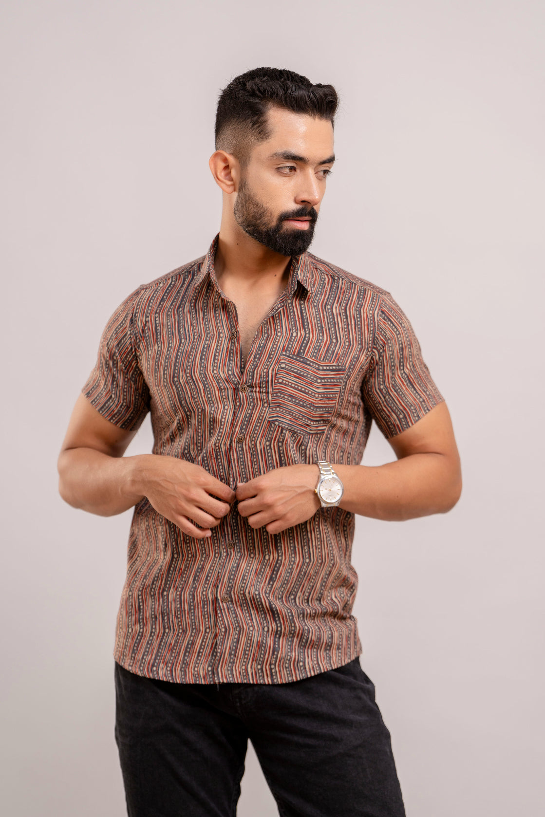 Men Multi Ethnic Printed Short Sleeves Casual Cotton Shirt-FrionKandy