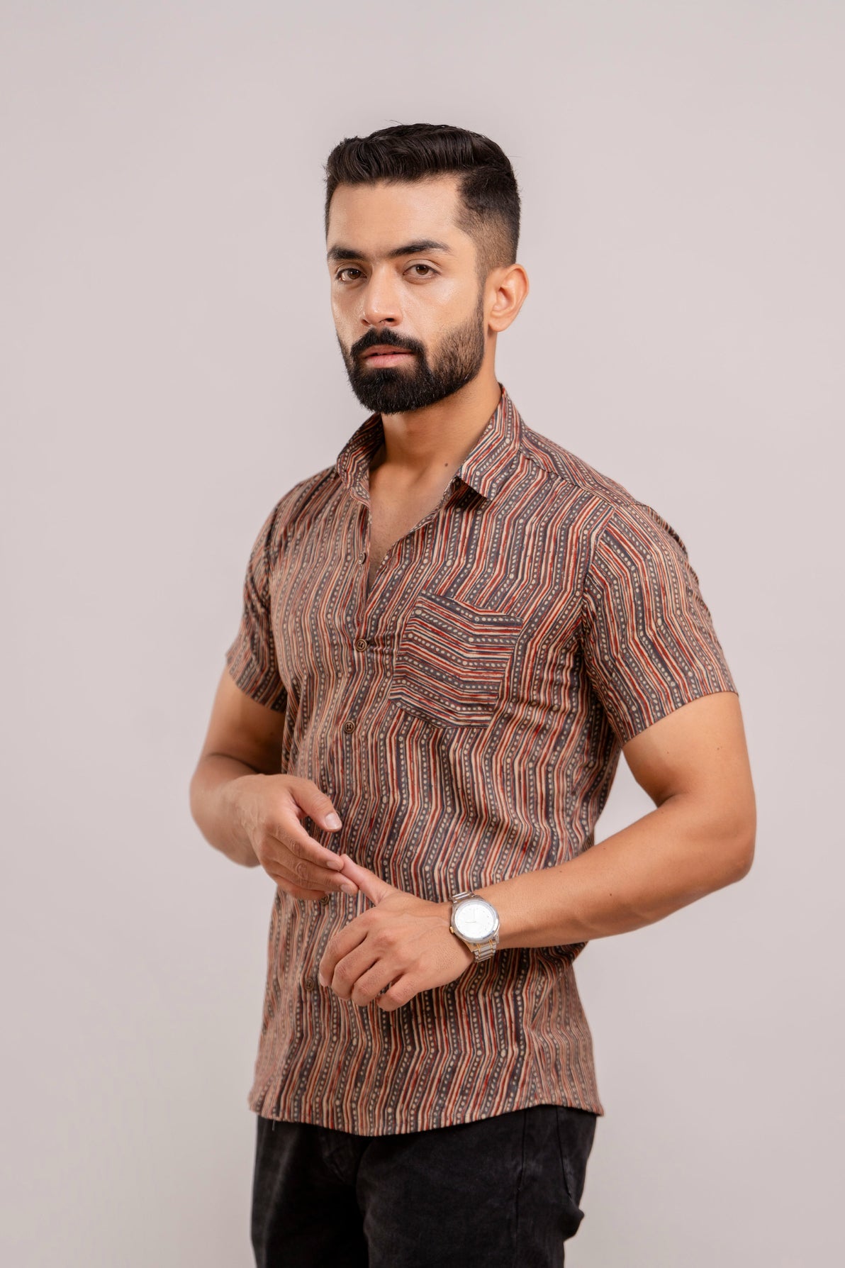 Men Multi Ethnic Printed Short Sleeves Casual Cotton Shirt-FrionKandy