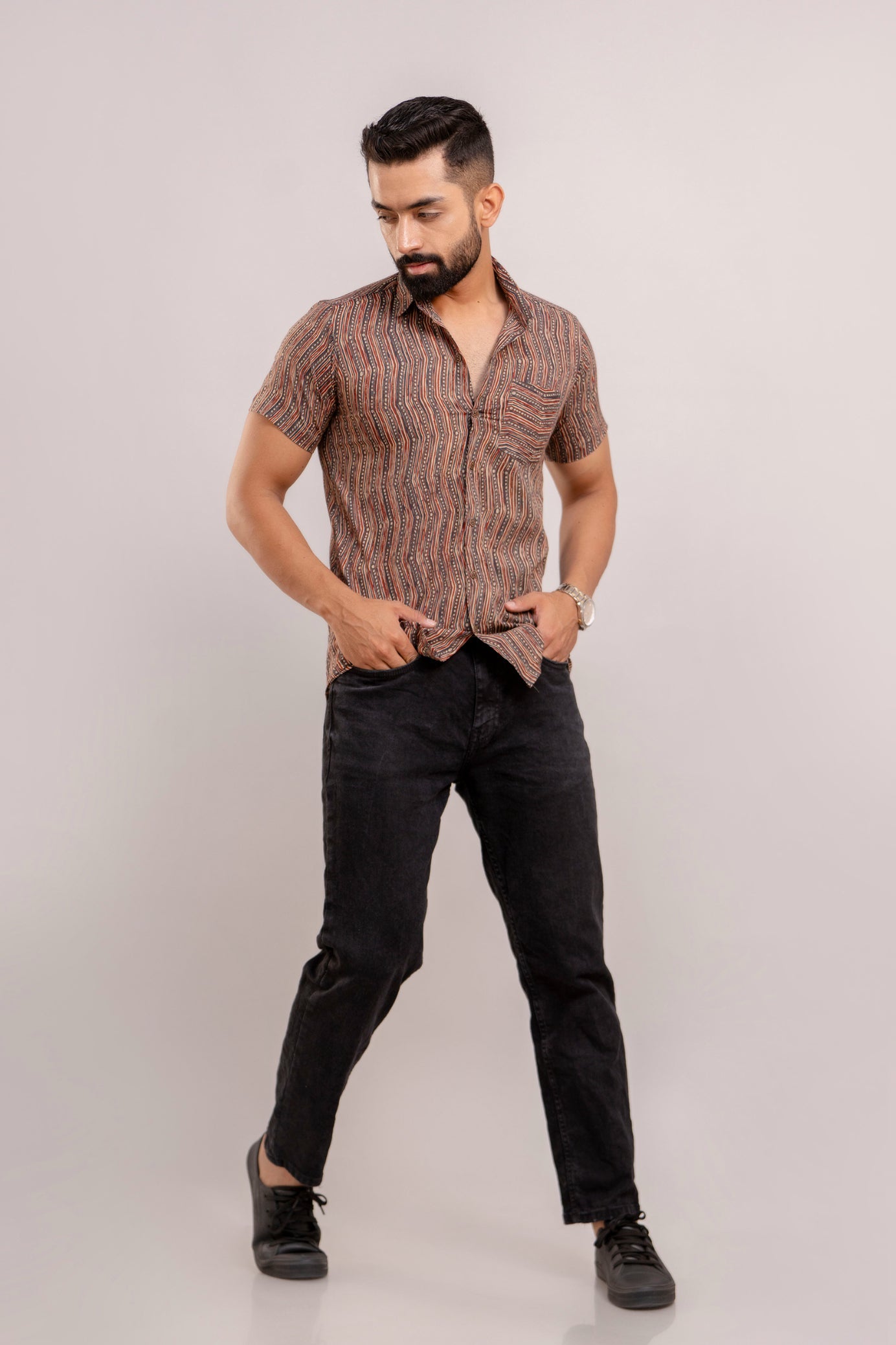 Men Multi Ethnic Printed Short Sleeves Casual Cotton Shirt-FrionKandy