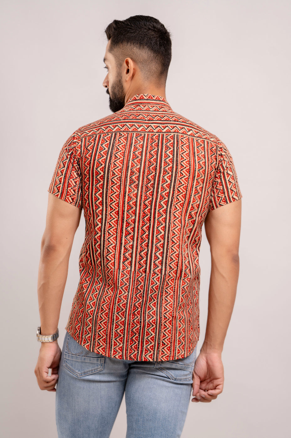 Men Red Ethnic Printed Short Sleeves Casual Cotton Shirt-FrionKandy-SHKN1067