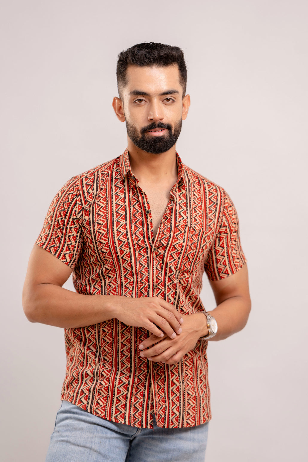 Men Red Ethnic Printed Short Sleeves Casual Cotton Shirt-FrionKandy-SHKN1067