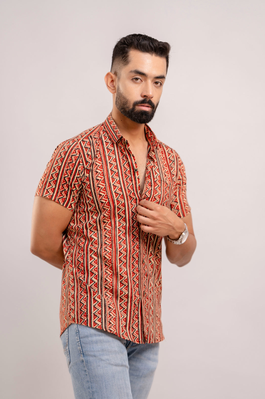 Men Red Ethnic Printed Short Sleeves Casual Cotton Shirt-FrionKandy-SHKN1067