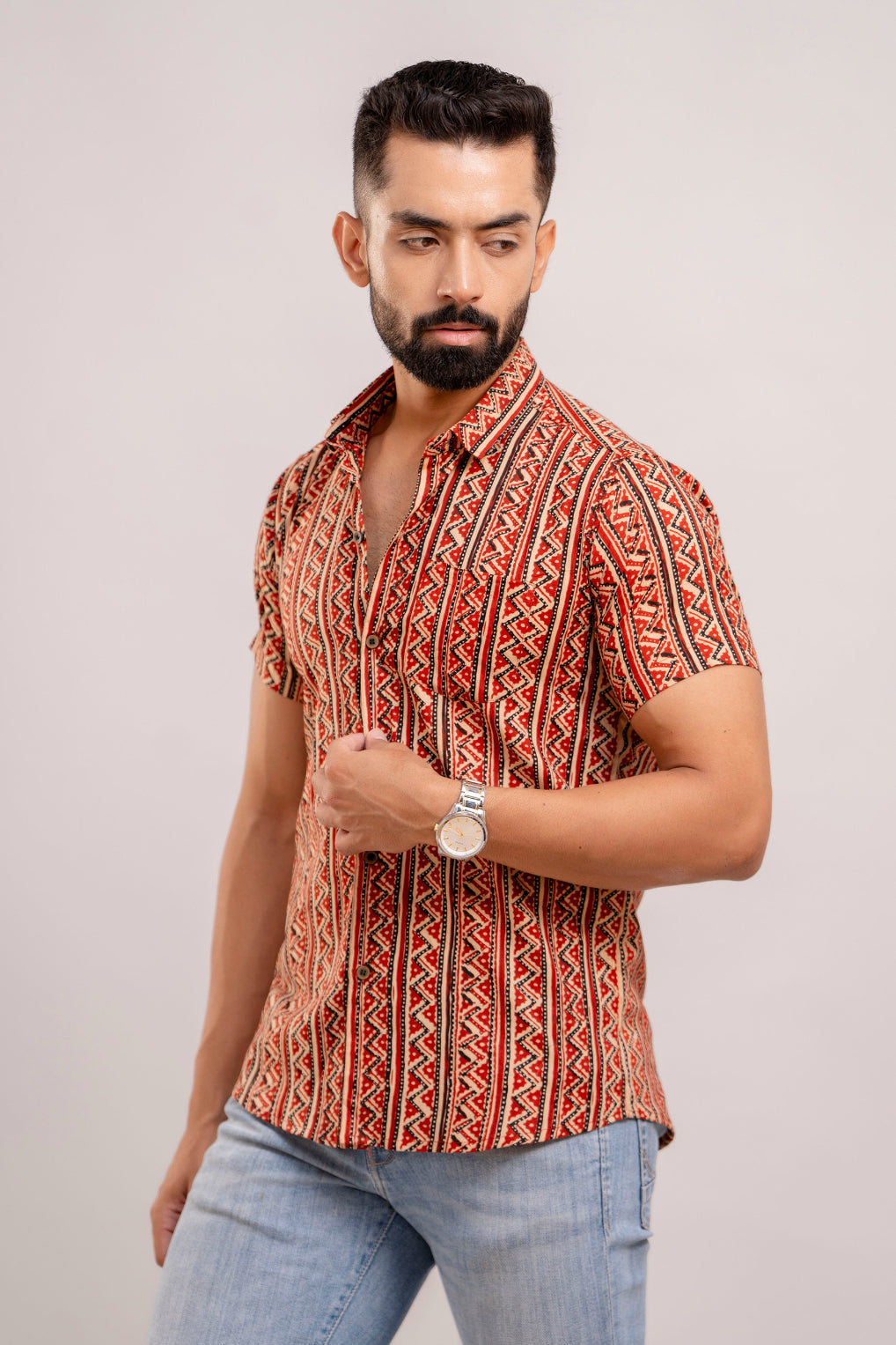 Men Red Ethnic Printed Short Sleeves Casual Cotton Shirt-FrionKandy-SHKN1067