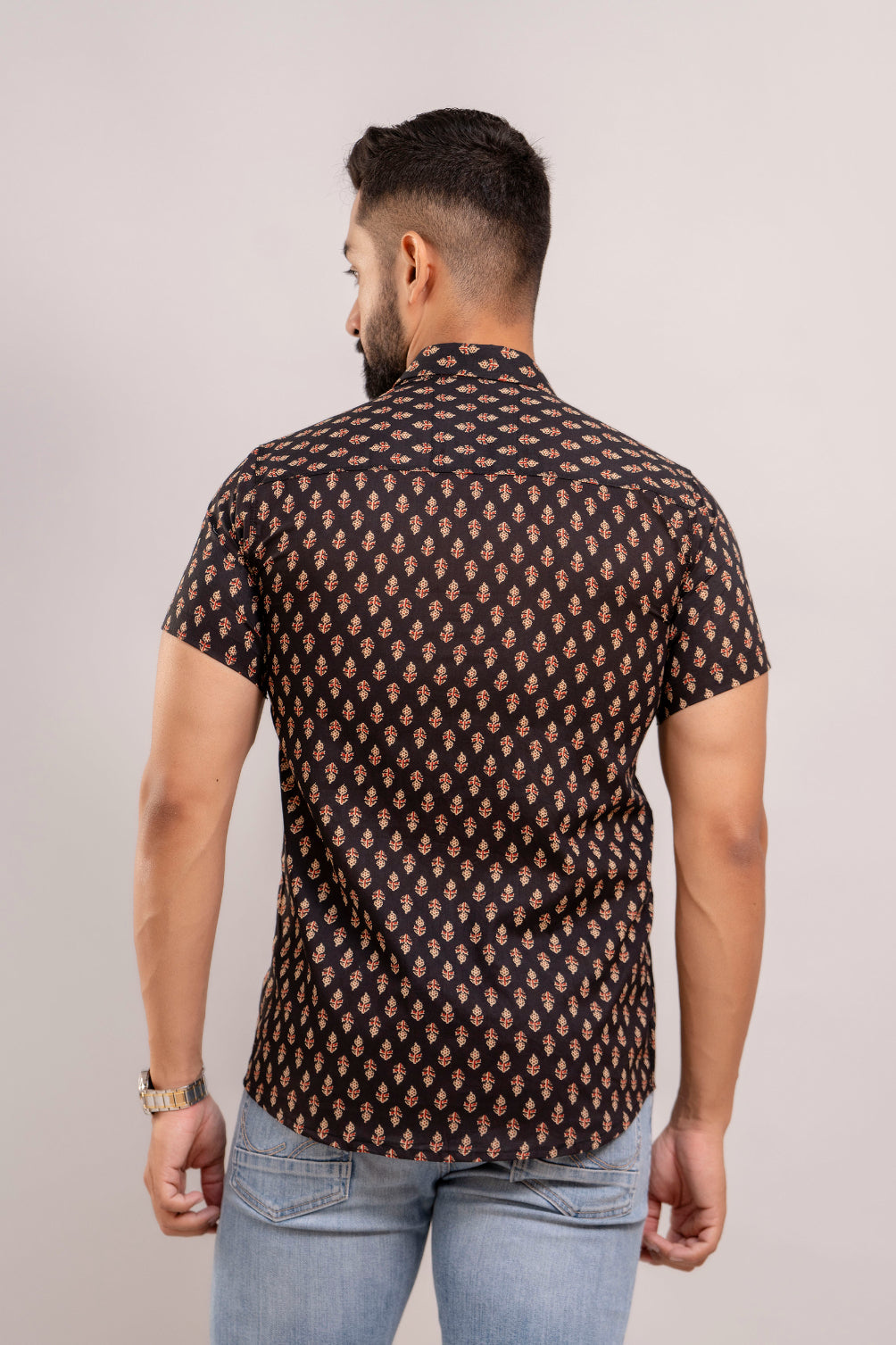 Men Black Ethnic Printed Short Sleeves Casual Cotton Shirt-FrionKandy