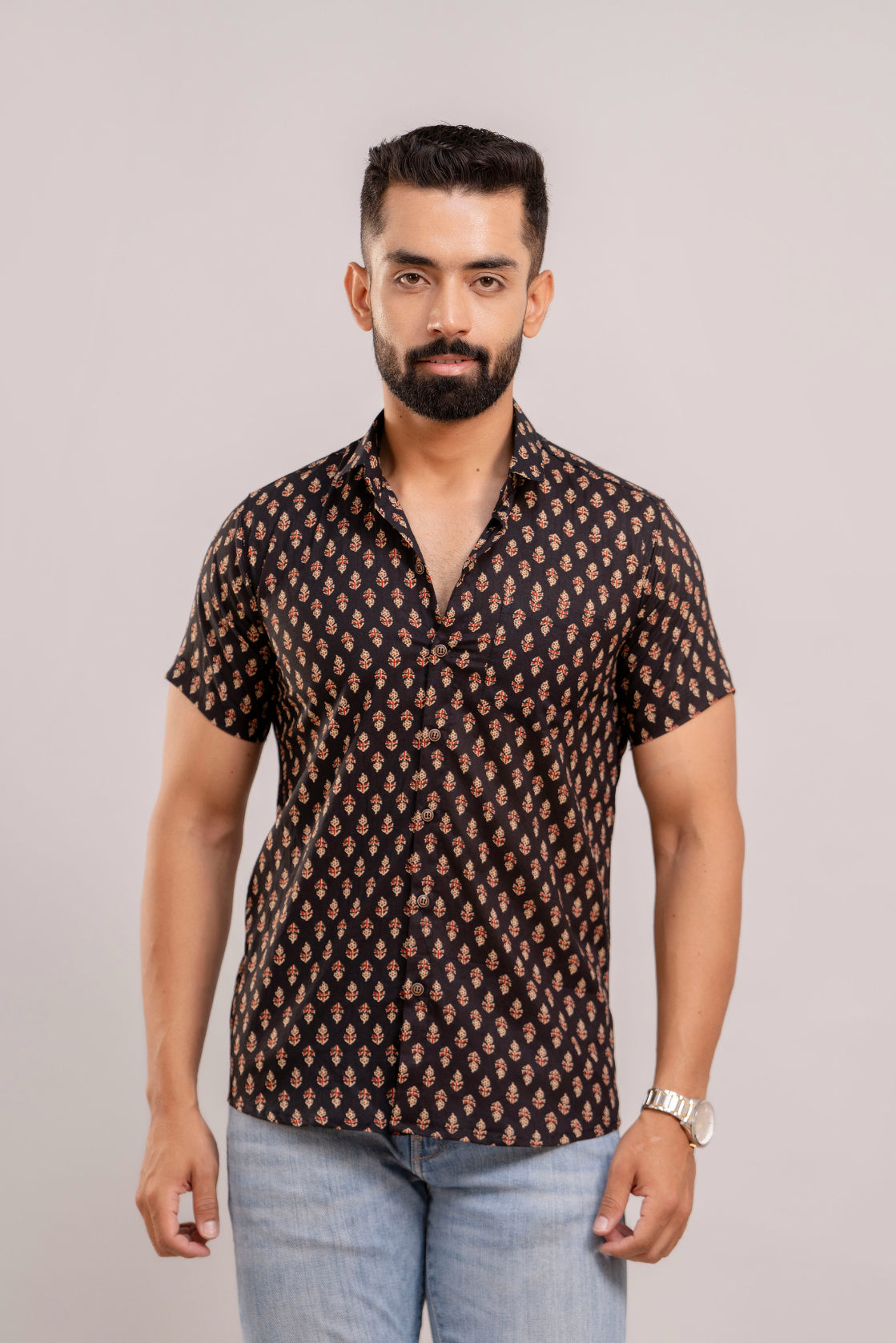 Men Black Ethnic Printed Short Sleeves Casual Cotton Shirt-FrionKandy